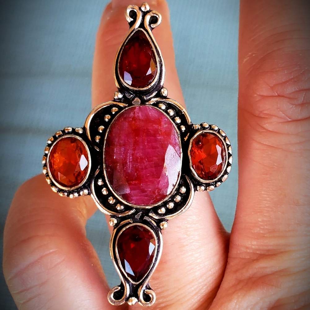 New Cherry Ruby, Garnet, Orange Quartz 925 Silver Ring.